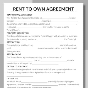 Könnte beinhalten: Ein gedrucktes Formular "Mietkaufvereinbarung" mit dem Titel oben. Das Dokument enthält Abschnitte für Vertragsdetails, Objektbeschreibung, Mietbedingungen, Mietzahlung, Kaufoption und Optionsgebühr. Der Text ist schwarz auf weißem Hintergrund.