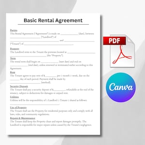 May include: A white document titled "Basic Rental Agreement" with fillable fields for parties, property, term, rent, security deposit, and utilities. A red "PDF" icon and a blue and purple "Canva" logo are in the image.