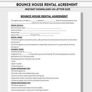 以下が含まれることがあります： 「BOUNCE HOUSE RENTAL AGREEMENT」と書かれた白い書類。テキストは「INSTANT DOWNLOAD US LETTER SIZE」です。契約には、レンタル詳細、条件、支払い、クライアントと所有者の責任に関するセクションが含まれています。