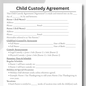 Op de afbeelding: Een wit document getiteld "Child Custody Agreement" met invulvelden voor ouderinformatie, kindgegevens, voogdijregelingen en een ouderschapsplan. Het document is voor juridisch gebruik.