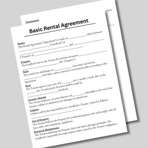 May include: Two white sheets of paper with a "Basic Rental Agreement" heading. The document includes sections for parties, property, term, rent, security deposit, utilities, use of property, and repairs and maintenance. The text is in black.