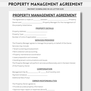 May include: A property management agreement template in US Letter size. The document includes sections for property details, services provided, compensation, and owner responsibilities. Text is black on a white background.