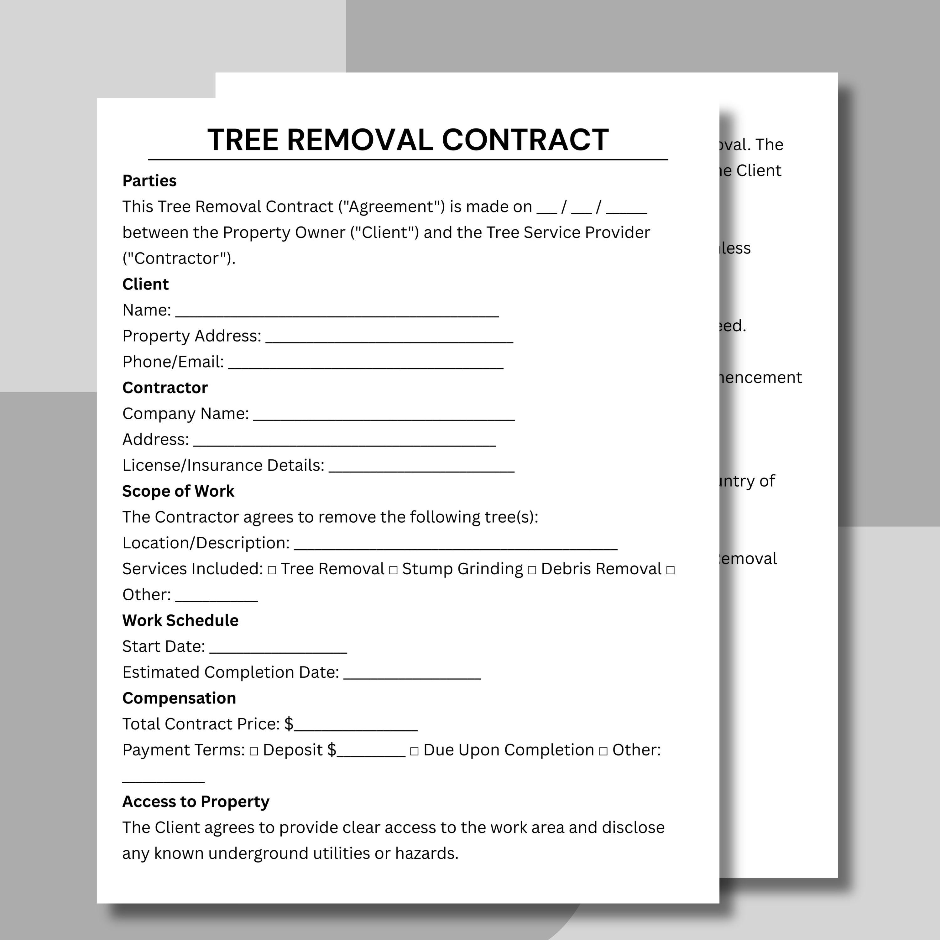 Tree Removal Contract, Editable Tree Removal Service Form Template ...