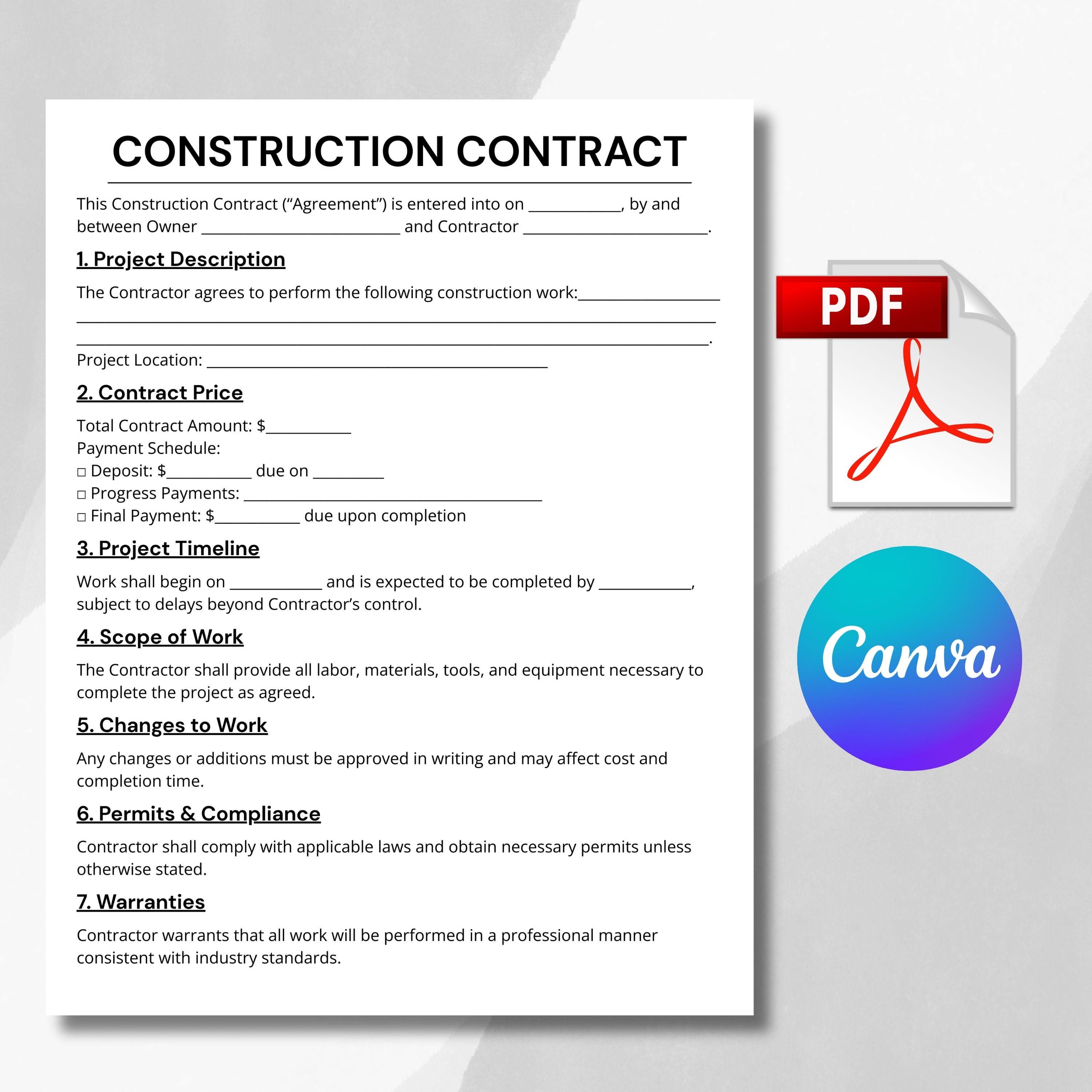 Editable Construction Work Contract Agreement Template | Contractor ...