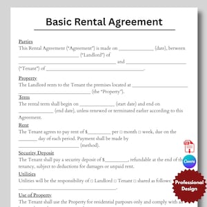 May include: A printed "Basic Rental Agreement" document with fillable fields for parties, property, term, rent, security deposit, and utilities. The document includes the text "Professional Design" and a Canva logo.