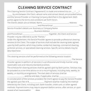May include: A printed cleaning service contract on white paper. The document includes sections for client and service provider details, service scope, and payment terms. The title "CLEANING SERVICE CONTRACT" is at the top.