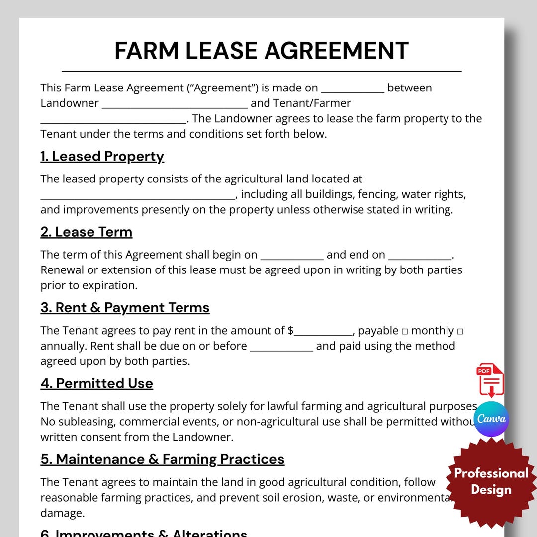 Farm Rent Simple Farm Lease Contract, One Page Agricultural Land Lease Form ...