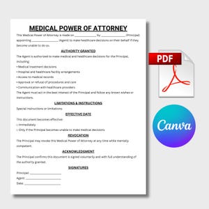 Peut inclure: Un document de procuration m&eacute;dicale avec du texte, incluant des sections sur l'autorit&eacute; accord&eacute;e, les limitations et la date d'effet. Une ic&ocirc;ne PDF et un logo Canva sont visibles.