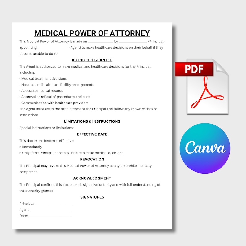 Peut inclure: Un document de procuration m&eacute;dicale avec du texte, incluant des sections sur l'autorit&eacute; accord&eacute;e, les limitations et la date d'effet. Une ic&ocirc;ne PDF et un logo Canva sont visibles.