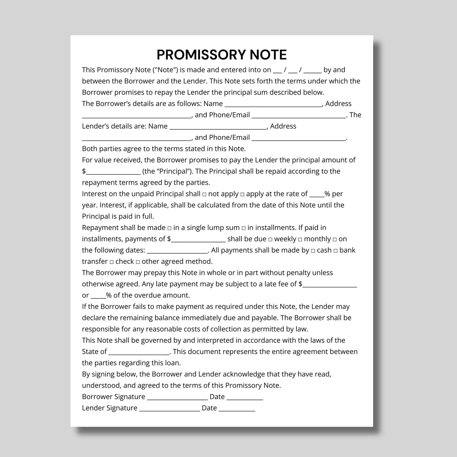 Editable Promissory Note Template, Single Page Personal Loan Agreement ...