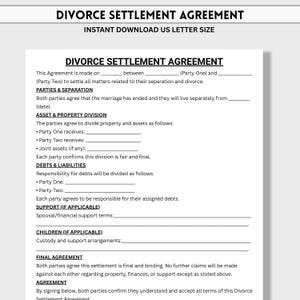 Op de afbeelding: Een afdrukbare echtscheidingsregeling sjabloon, met de titel "DIVORCE SETTLEMENT AGREEMENT" bovenaan. Het document is geformatteerd voor US Letter-formaat en bevat secties voor partijen, vermogensverdeling, schulden en definitieve overeenkomst.