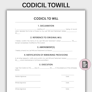 Codicil to Will template, will codicil forms, will codicil, codicil contract, codicil document, codicil testament, testament form, codicil