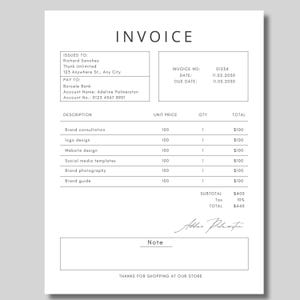 May include: A minimalist invoice template with the word "INVOICE" at the top. The document includes sections for invoice details, client information, a description of services, and a total amount due. The invoice is printed on white paper.