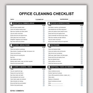 Könnte beinhalten: Eine schwarz-weiße Büroreinigungs-Checkliste mit Abschnitten für Empfang, Büros, Küche, Toiletten, Böden und zusätzliche Aufgaben. Jeder Bereich enthält eine Liste von Reinigungsaufgaben mit leeren Kästchen zur Überprüfung des Status.