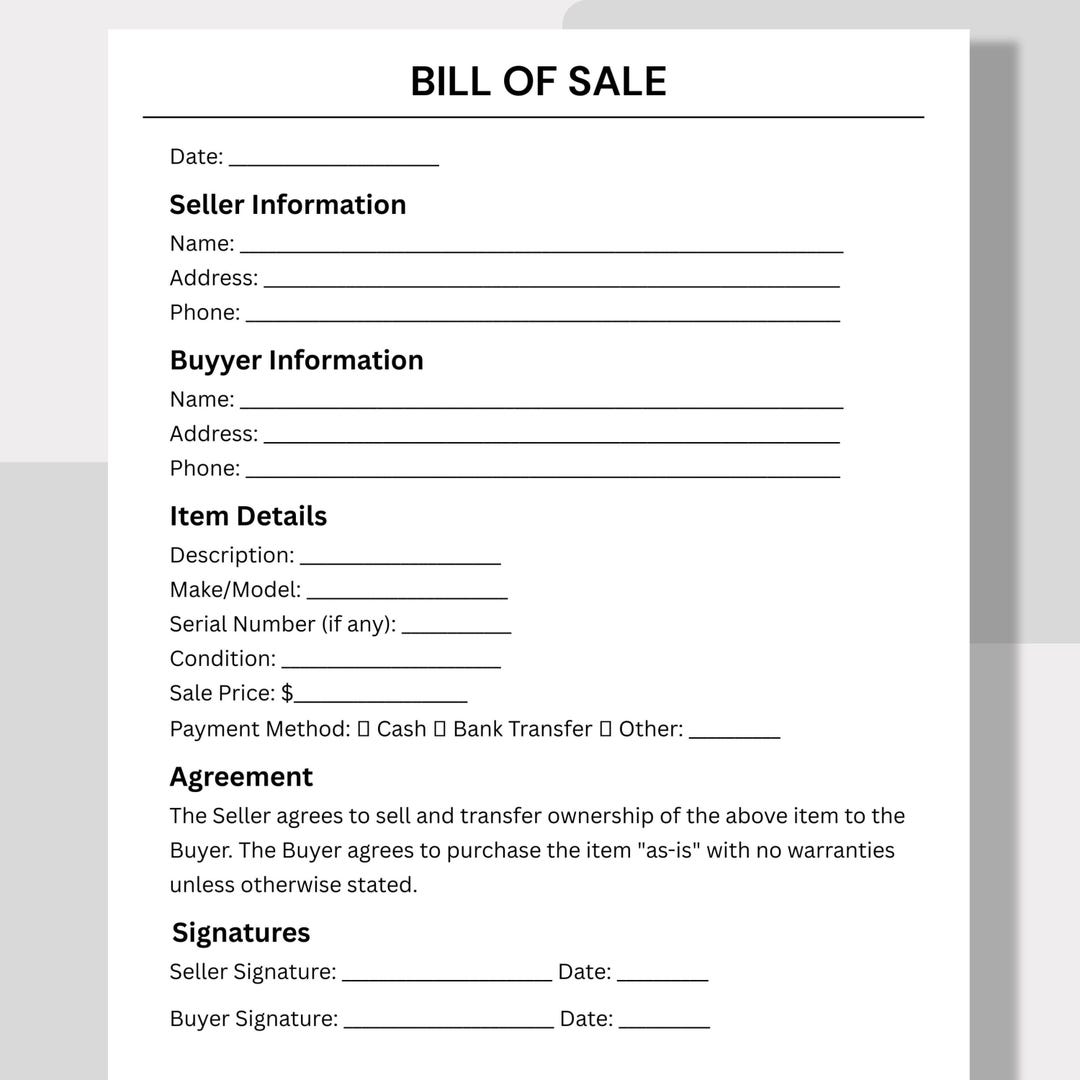 Bill of Sale, Printable Bill Of, Easy Bill of Sale, Simple Bill of Sale ...