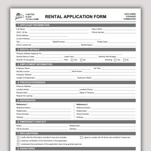 Puede incluir: Un formulario de solicitud de alquiler en blanco y negro con secciones para información del solicitante, detalles de alquiler, empleo, residencia anterior, referencias, contacto de emergencia y declaraciones, con el logo A Better Place To Call Home.