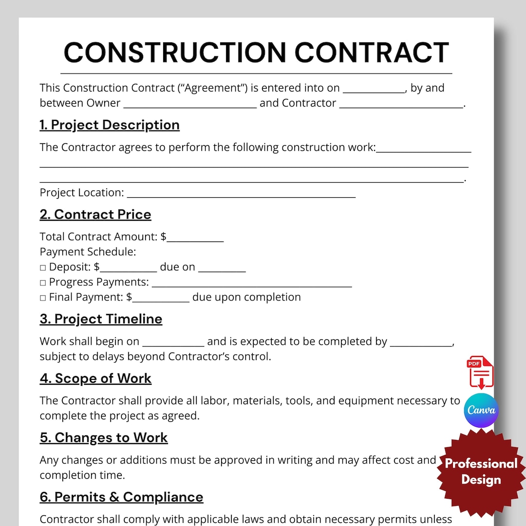 Contractor Job Contract Example Editable Construction Work Contract Agreement Template | Contractor ...