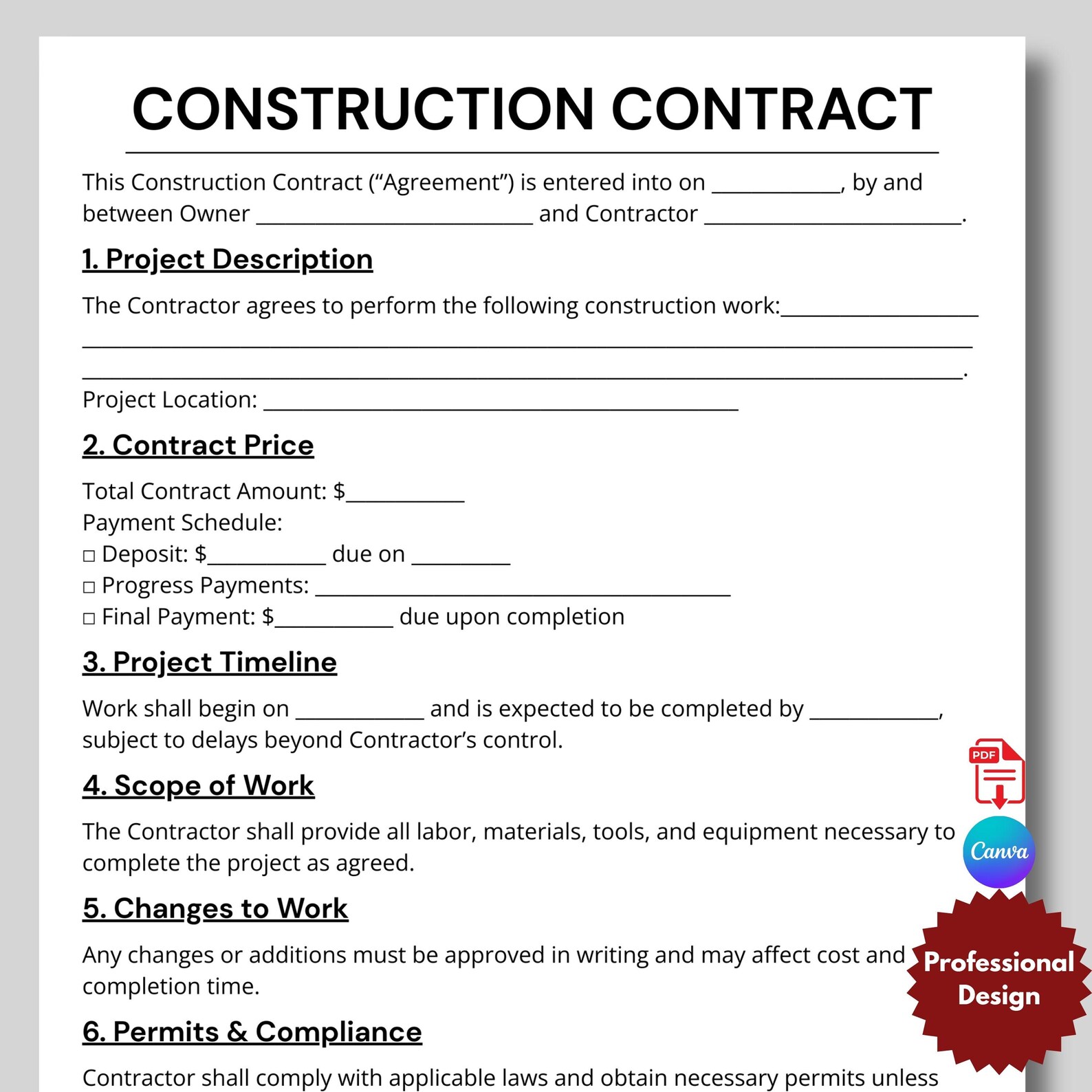 Editable Construction Work Contract Agreement Template | Contractor ...