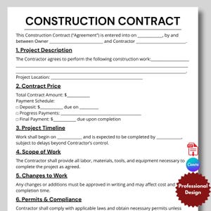 以下が含まれることがあります： 黒いテキストの白い建設契約テンプレート。プロジェクトの説明、契約価格、タイムライン、作業範囲、変更、許可のセクションが含まれています。CanvaとProfessional Designのロゴが表示されます。