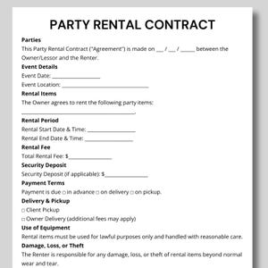 May include: A white Party Rental Contract with black text. The document includes sections for parties, event details, rental items, rental period, fees, security deposit, payment terms, delivery, and equipment use. The title "PARTY RENTAL CONTRACT" is at the top.