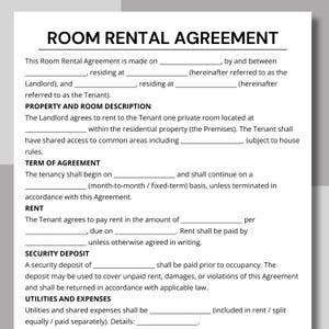 May include: A Room Rental Agreement document with black text on a white background. The document includes sections for property description, term of agreement, rent, security deposit, and utilities.