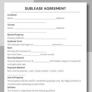 Könnte beinhalten: Ein gedrucktes Untermietvertrag-Formular mit der Überschrift "SUBLEASE AGREEMENT". Das Formular enthält Abschnitte für Vermieter, Mieter, Mietobjekt, Untermietdauer, Miete, Kaution, Zahlungsmethode, Nutzung des Eigentums und Nebenkosten.
