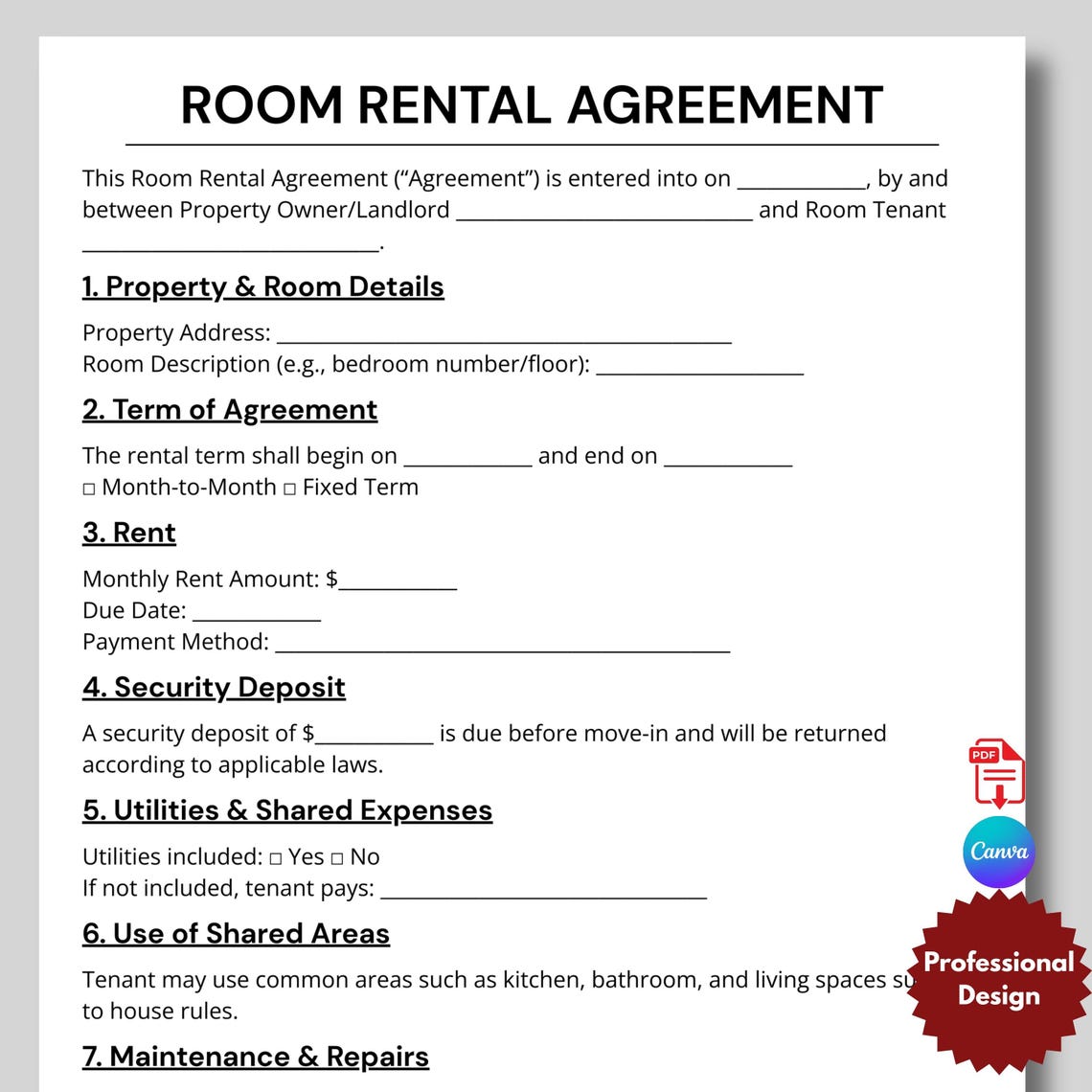 Room Rental Agreement, Roommate Contract, Rent Room, Room Rental Form ...