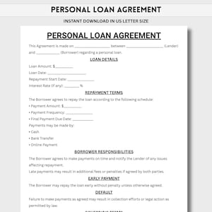 May include: A white document titled "PERSONAL LOAN AGREEMENT" with text fields for loan details, repayment terms, and borrower responsibilities. The document is designed for instant download in US Letter size.
