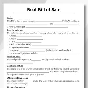 May include: A Boat Bill of Sale form printed on white paper. The document includes sections for parties involved, boat description, purchase price, condition of sale, and odometer/hour meter readings. The title "Boat Bill of Sale" is at the top.