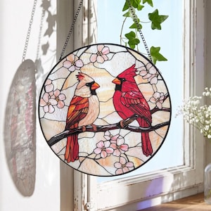 Cardinal Sun Catcher,Stained Glass Bird Window Hanging,Cardinal Decor Gifts for Bird Lovers,Christmas Memorial Suncatcher Garden Decoration