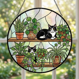 Puede incluir: Un atrapasoles circular de vidrieras que muestra dos gatos blancos y negros descansando en estantes de madera entre varias plantas en macetas, incluyendo una sansevieria, una pilea y hiedra, enmarcado por un borde de metal negro con cadena.