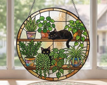 Atrapasueños de vitrales de gatos, regalos conmemorativos para gatos, adorno colgante de ventana de gatos negros, regalos de cumpleaños para amantes de las plantas y los gatos, vitrales botánicos de mascotas