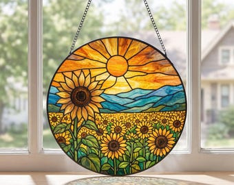 Encantador enfeite de vitral para janela, com girassol como apanhador de sol, decoração botânica para casa e jardim, presente para amantes de girassóis, perfeito para o Natal.