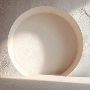 Könnte beinhalten: Ein minimalistisches, neutrales architektonisches Design mit einer großen, kreisförmigen Öffnung in einer strukturierten Wand. Der Raum ist in weiches Licht getaucht, das Schatten erzeugt und die raue Oberfläche hervorhebt.
