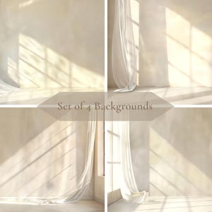 Könnte beinhalten: Vier Studiohintergründe mit neutralen Wänden und transparenten weißen Vorhängen. Sonnenlicht scheint durch die Fenster und wirft Schatten auf die Wände und den Boden. Der Text "Set of 4 Backgrounds" wird in der Mitte angezeigt.