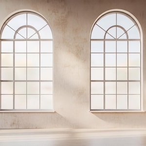 May include: Two arched windows with a grid pattern, set in a beige wall. The windows have a white frame and a semi-opaque glass. The room has a light-coloured floor and the sunlight casts shadows on the wall and floor.