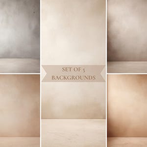 Puede incluir: Un conjunto de cinco fondos de estudio en tonos neutros. Los fondos presentan una pared y un suelo texturizados, con variaciones de color que van del beige claro al marrón cálido. El texto "SET OF 5 BACKGROUNDS" se muestra en una pancarta.