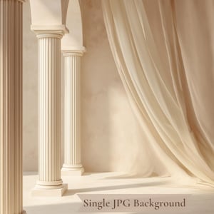 May include: A beige background with classical columns, arches, and draped fabric. The image features three fluted columns, an arched doorway, and a sheer curtain. Text at the bottom reads "Single JPG Background".