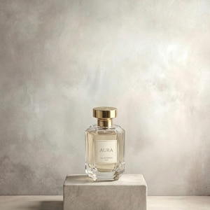 May include: A perfume bottle with a gold cap and the word "AURA" on the label. The clear, geometric bottle contains a light-colored liquid and sits on a small, rectangular concrete block. The background is a neutral, textured wall.