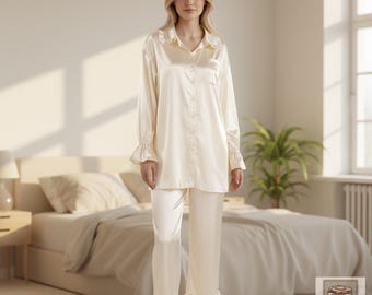 Conjunto de pijama de satén con volantes: elegante pijama de manga larga para estar en casa