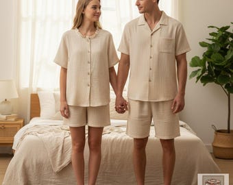 Leinen Paar Pyjamas: Atmungsaktives Kurzarm Loungewear Set