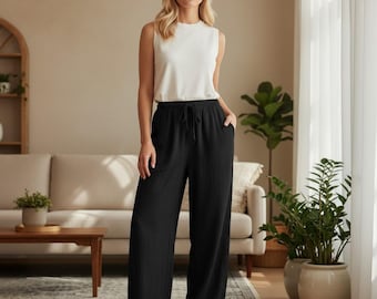 Spodnie z szerokimi nogawkami z lnu i bawełny, spodnie boho z wysokim stanem w 8 kolorach