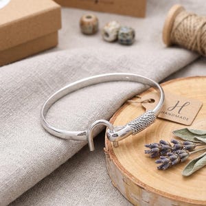 Sterling Silver Hook Bangle  Nautical Rope Clasp Bracelet  Minimalist Cuff