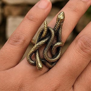 Può includere: Un anello in metallo color ottone con un design a serpente avvolto. Il corpo del serpente si avvolge attorno al dito, con la testa posizionata verso l'alto e la coda che si curva vicino alla base. La superficie presenta un motivo a scaglie.