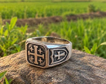 Handmade 925 Sterling Silver Jerusalem Cross Signet Ring | Oxidized Crusader Shield Band