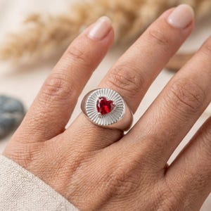 Handmade Sterling Silver Heart Ruby Sunburst Signet Ring | Bold Statement Jewelry