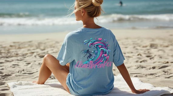 Heartbreaker Surfer girl t-shirt, Colorful back graphic, Front Graphic, Cotton over-sized tee