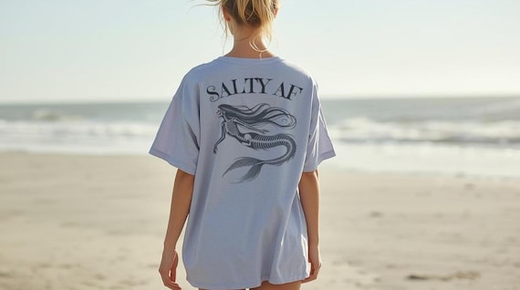 Salty AF Skeleton Mermaid Graphic Tee, Coastal Beach Cotton Shirt