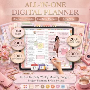 May include: A digital planner with a pink theme, featuring a tablet displaying a calendar and templates. The image includes text that says "ALL-IN-ONE DIGITAL PLANNER" and "1040+ PAGES". Decorative elements include flowers, a camera, and a notebook.