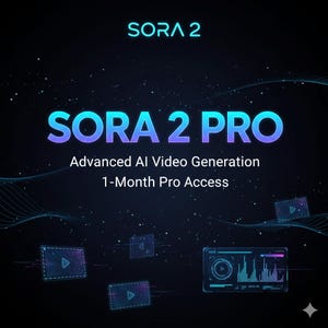Può includere: Grafica digitale con il testo "SORA 2 PRO" in gradiente blu e viola. Il testo "Advanced AI Video Generation" e "1-Month Pro Access" sono in basso. L'immagine include icone di lettore video animate e un'interfaccia digitale.